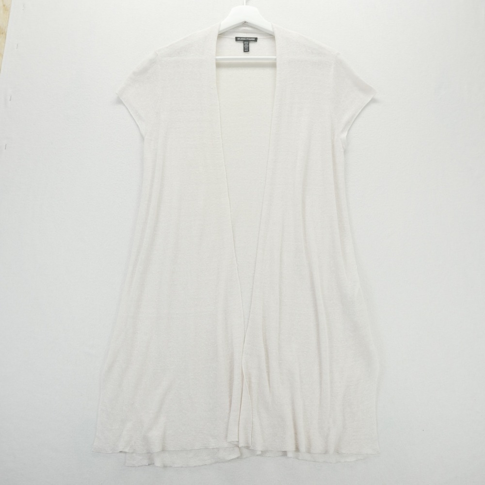 Eileen Fisher White Hemp Blend Open Front Vest Cardigan M Duster Off-White Long
